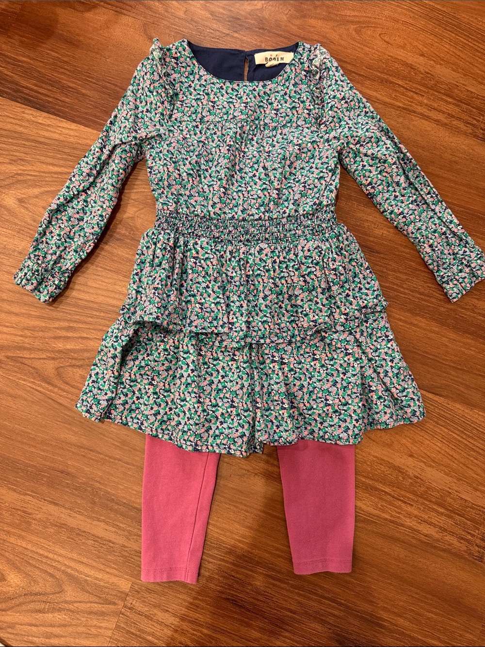 Mini Boden Floral Green and Pink Tiered Dress with Pink Leggings